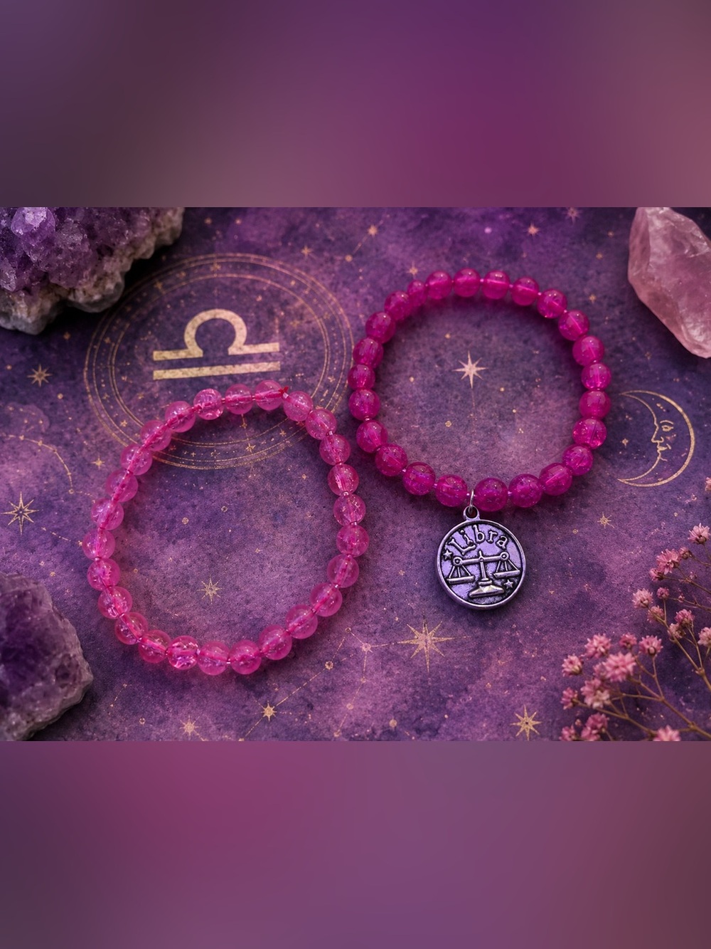 Pink Libra Zodiac Beaded Bracelet Set 8”